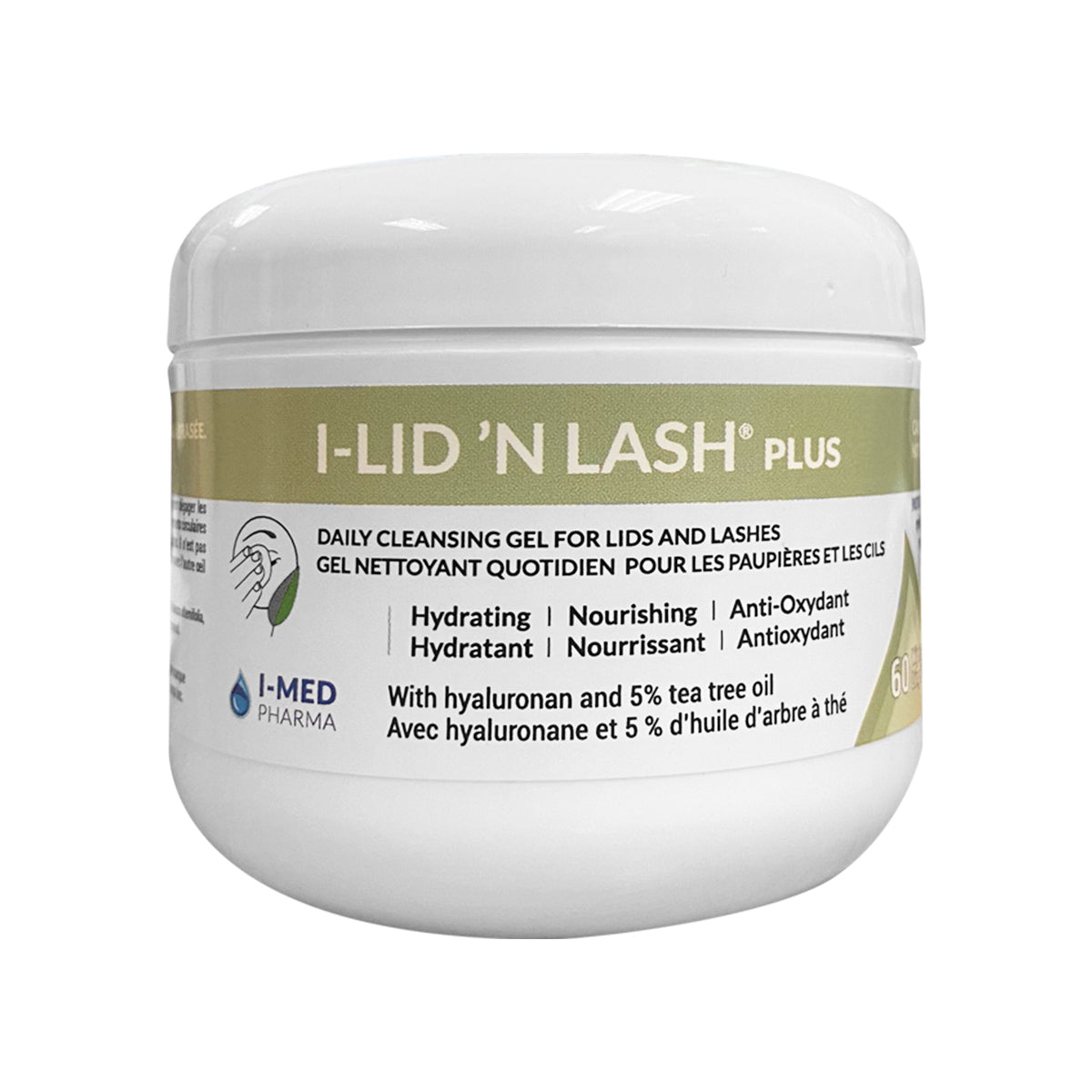 The I-Med Pharma I-LID ’N LASH® PLUS cleanser deeply cleanses and hydrates lids and lashes, showcasing bold text/icons for its hydrating, nourishing, antioxidant benefits. Infused with hyaluronan and 5% tea tree oil, its contact lens safe. Available in a 60g size.