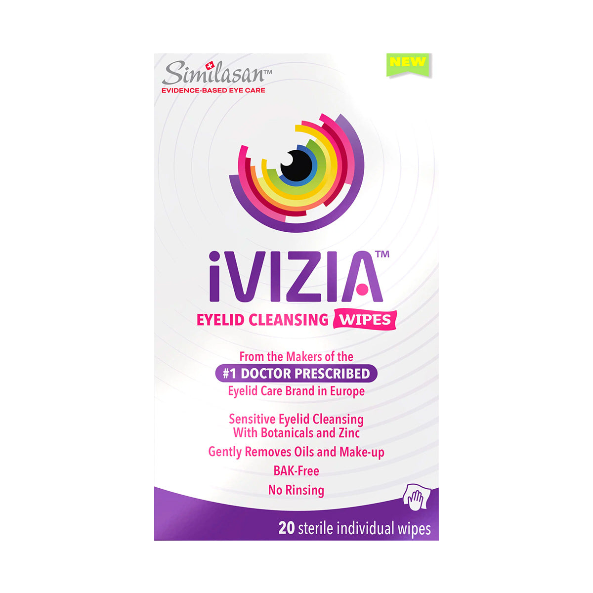 The packaging of Theas iVIZIA Eyelid Cleansing Wipes showcases a predominantly white box with colorful circular graphics, highlighting features like botanicals and zinc for sensitive eyelid hygiene. Its the #1 doctor-recommended brand in Europe, containing 20 preservative-free wipes.