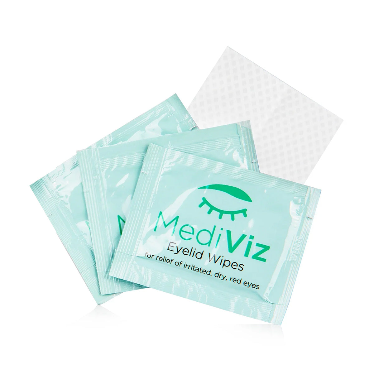 Four teal packets of MediViz Eyelid Cleansing Wipes (No Tea Tree Oil) by PRN - Physician Recommended Nutriceuticals are shown, with one open to reveal a white textured wipe. These are designed for eye health, relieving irritation and dryness, and effectively removing makeup.