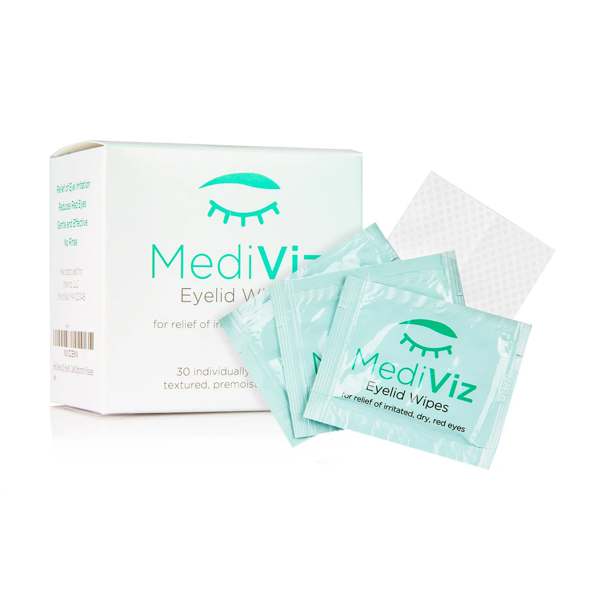 A box of MediViz Eyelid Cleansing Wipes (No Tea Tree Oil) by PRN is showcased with three individual packets, featuring a stylized eye design above the text. One wipe, ideal for makeup removal, is partially visible from a packet, highlighting eye health.