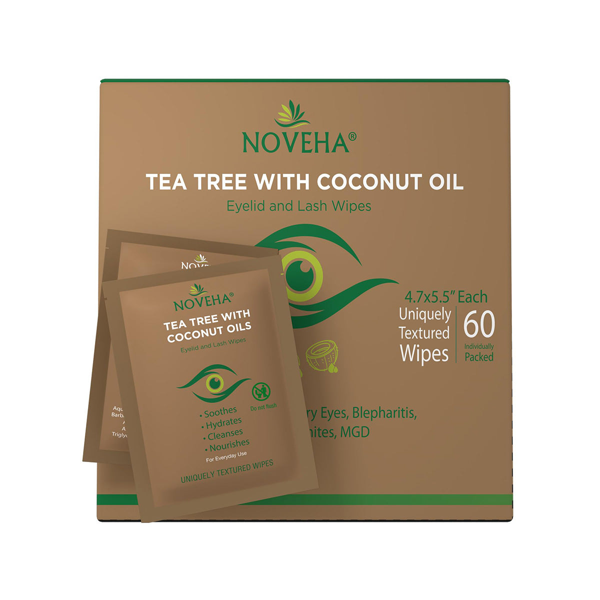 A box of Noveha Tea Tree & Coconut Oil Eyelid Wipes with Aloe Vera features brown and green packaging and two wipe packets offering soothing, hydrating, and cleaning benefits for dry eyes and blepharitis. It contains 60 wipes.