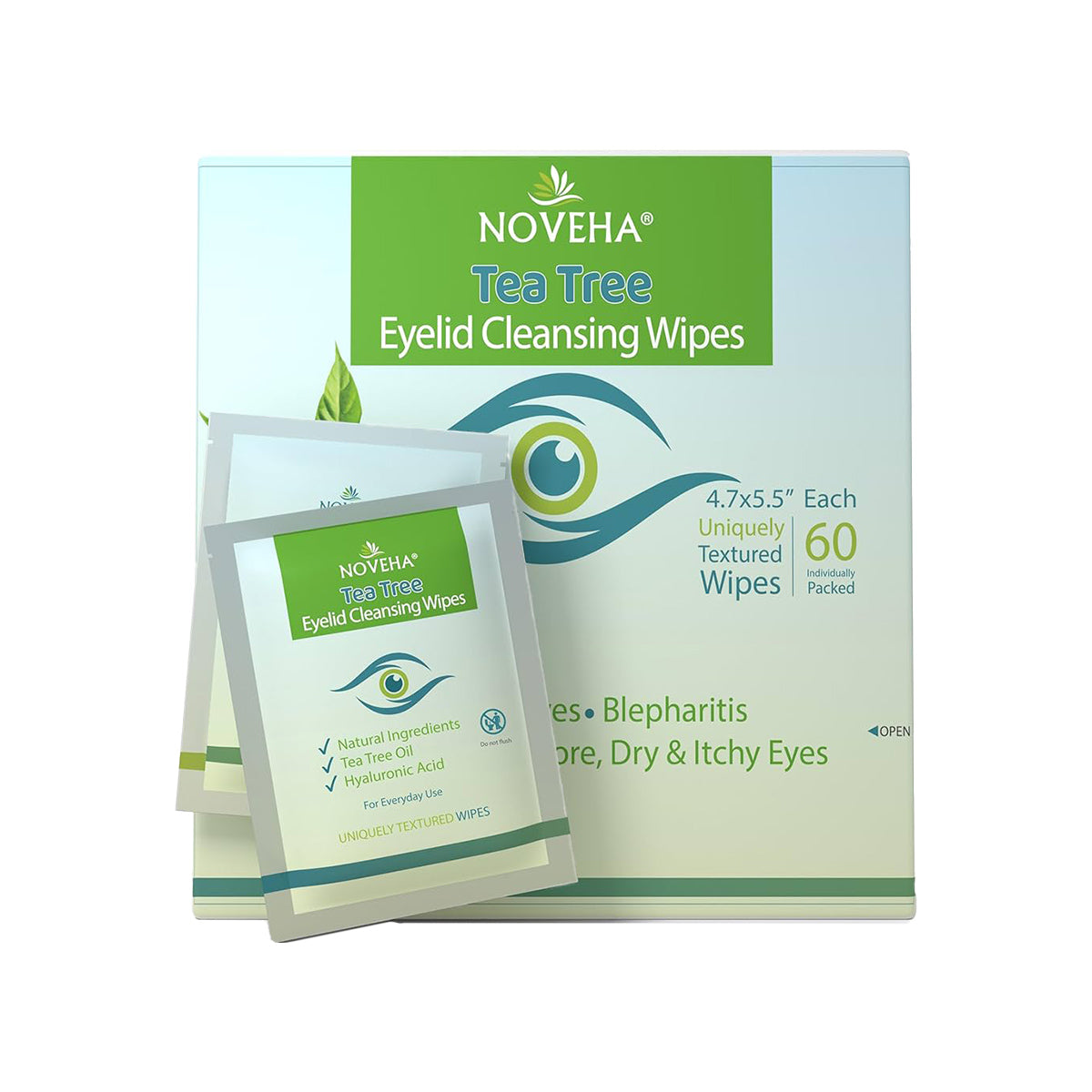 NOVEHA Tea Tree Oil Eyelid & Lash Wipes | With HA, Green Tea & Chamomile For Blepharitis, Itchy & Styes 60 Pcs