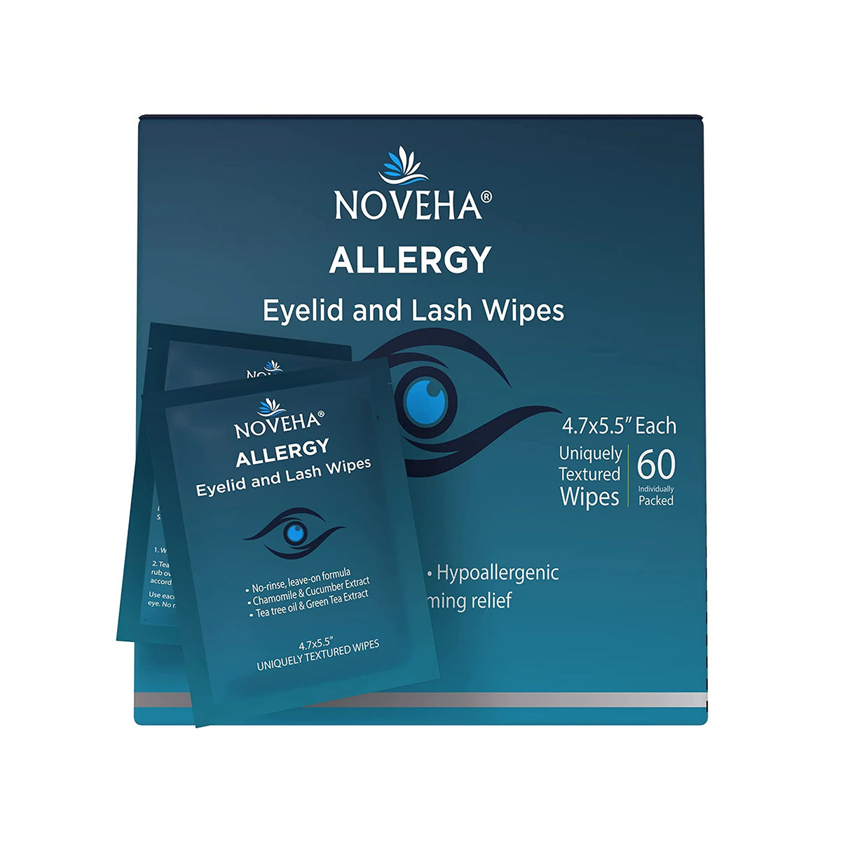 The Noveha Allergy Relief Eyelid Wipes with Tea Tree Oil (60ct) have blue packaging featuring an eye graphic that highlights their hypoallergenic nature. The wipes are individually packed, providing soothing allergy relief with a natural formula of chamomile and green tea.