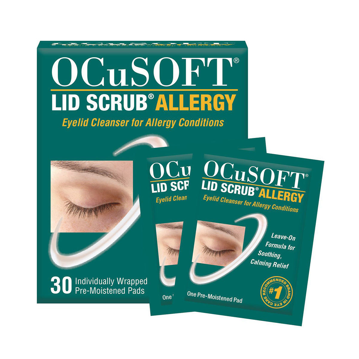 OCuSOFT Lid Scrub Allergy Eyelid Cleanser comes in a box with 30 individually wrapped pre-moistened pads and two samples, prominently highlighting an eye, product details, and the calming green tea extract.