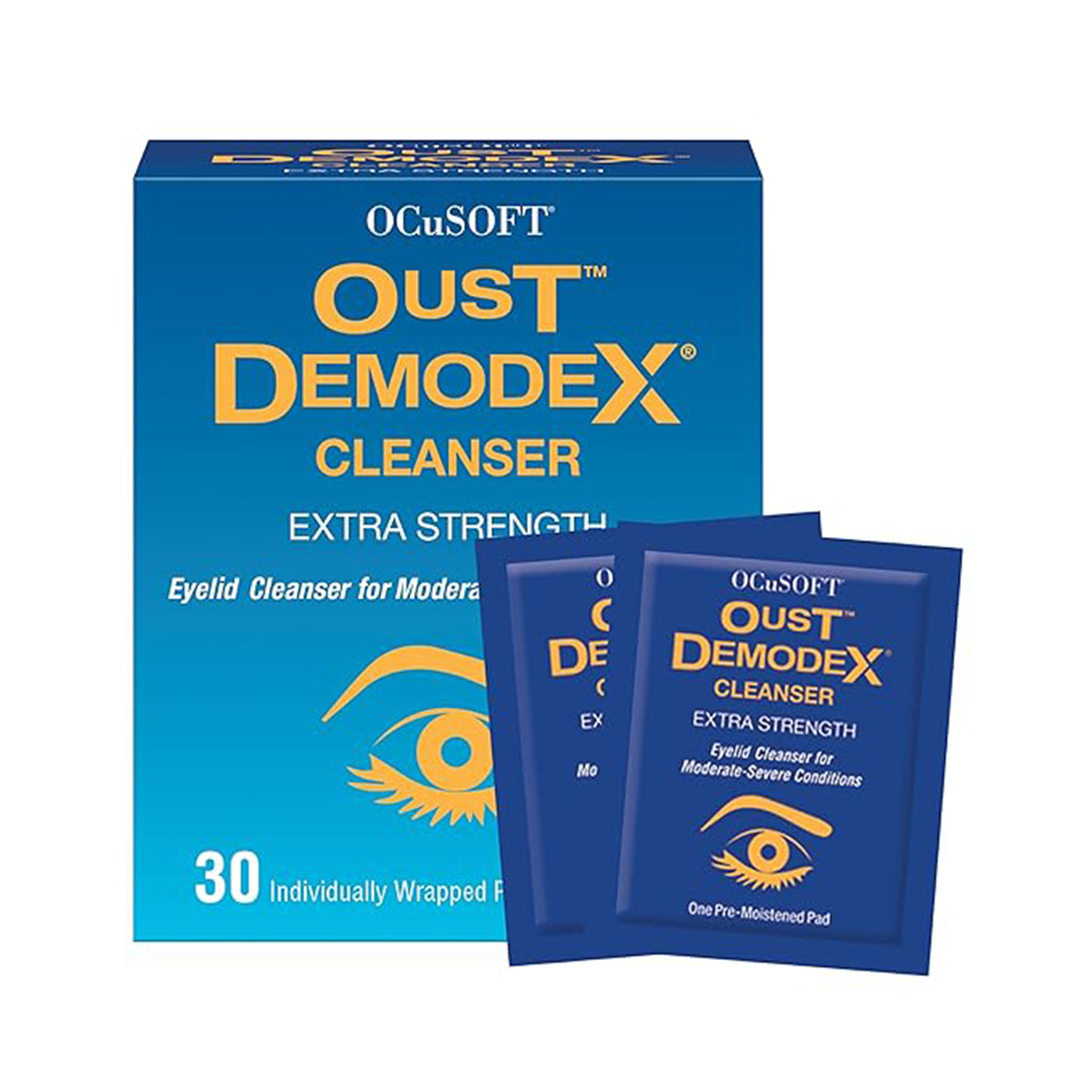 OCuSOFT Oust Demodex Cleanser Pre-Moistened Pads (30ct), in blue and orange packaging, feature an extra-strength formula with tea tree oil for moderate to severe conditions and include 30 individually wrapped eyelid cleansing pads with two sample packets prominently displayed.