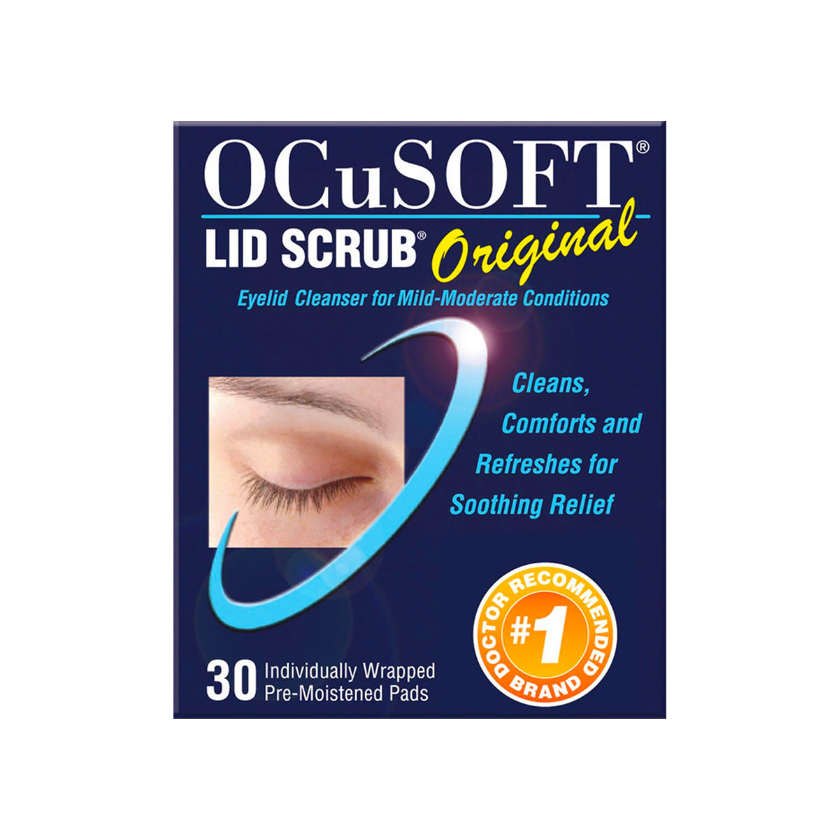 The OCuSOFT Lid Scrub Original Wipes 30ct packaging highlights cleansing, comfort, and refreshment for mild-moderate eyelid hygiene. It features a closed-eye photo and holds 30 individually wrapped pre-moistened pads recommended by eye care professionals.