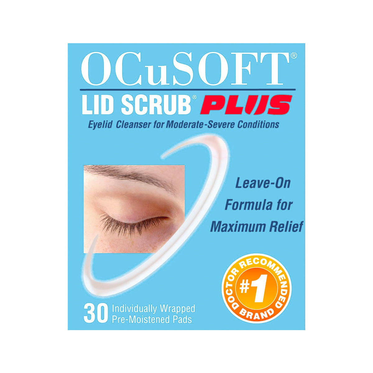 Packaging for Ocusoft Lid Scrub Plus displays a closed eye image and promotes its 30 pre-moistened leave-on eyelid pads as an eyelid cleanser for moderate to severe conditions. Its the #1 doctor recommended brand for ocular health by OCuSOFT.