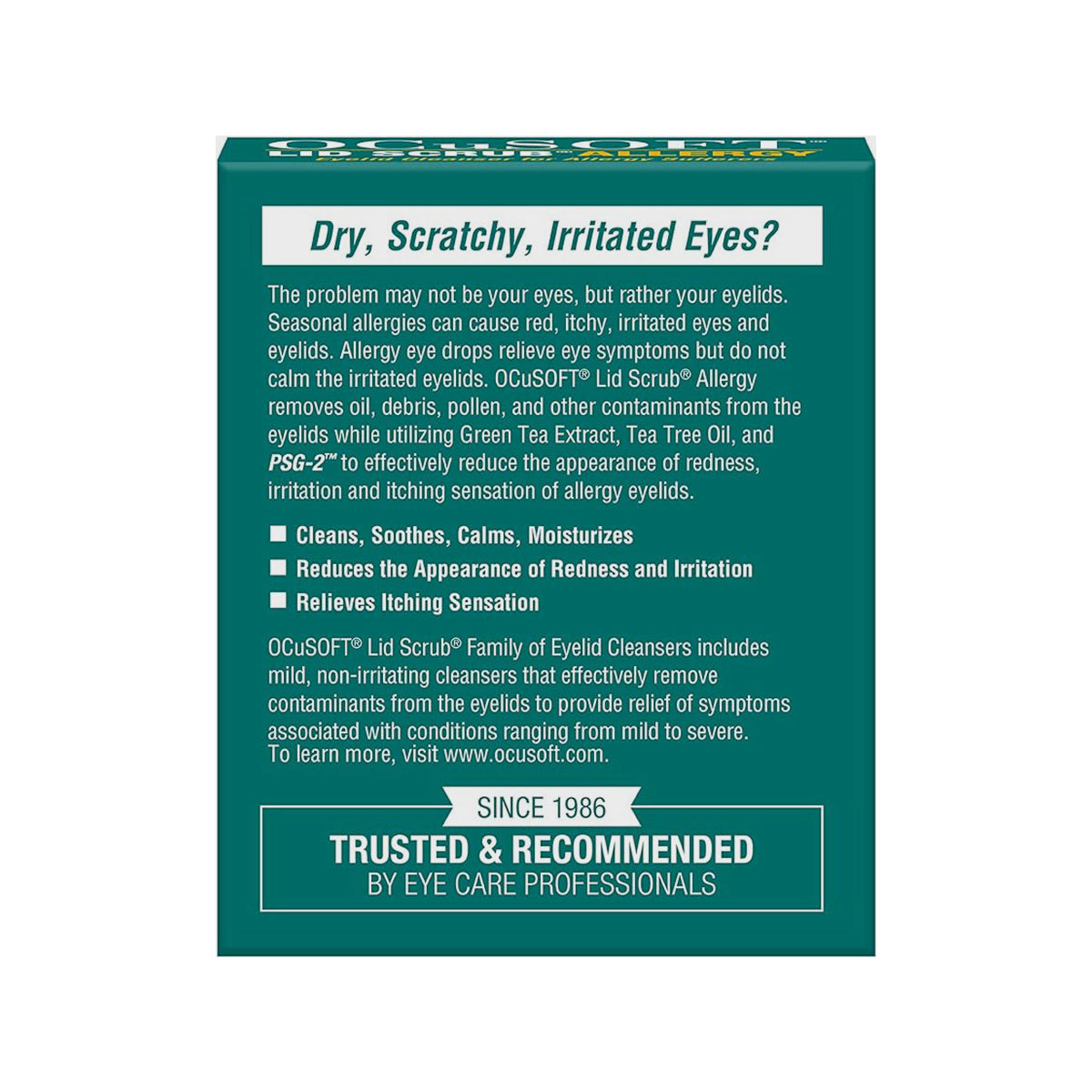 OCuSOFT Lid Scrub Allergy Eyelid Cleanser (30 Wipes) packaging highlights allergy relief and benefits like relieving dry, irritated eyes, cleaning, soothing, calming, moisturizing, and reducing itching. Contains green tea extract and tea tree oil. Trusted by eye care pros since 1986.