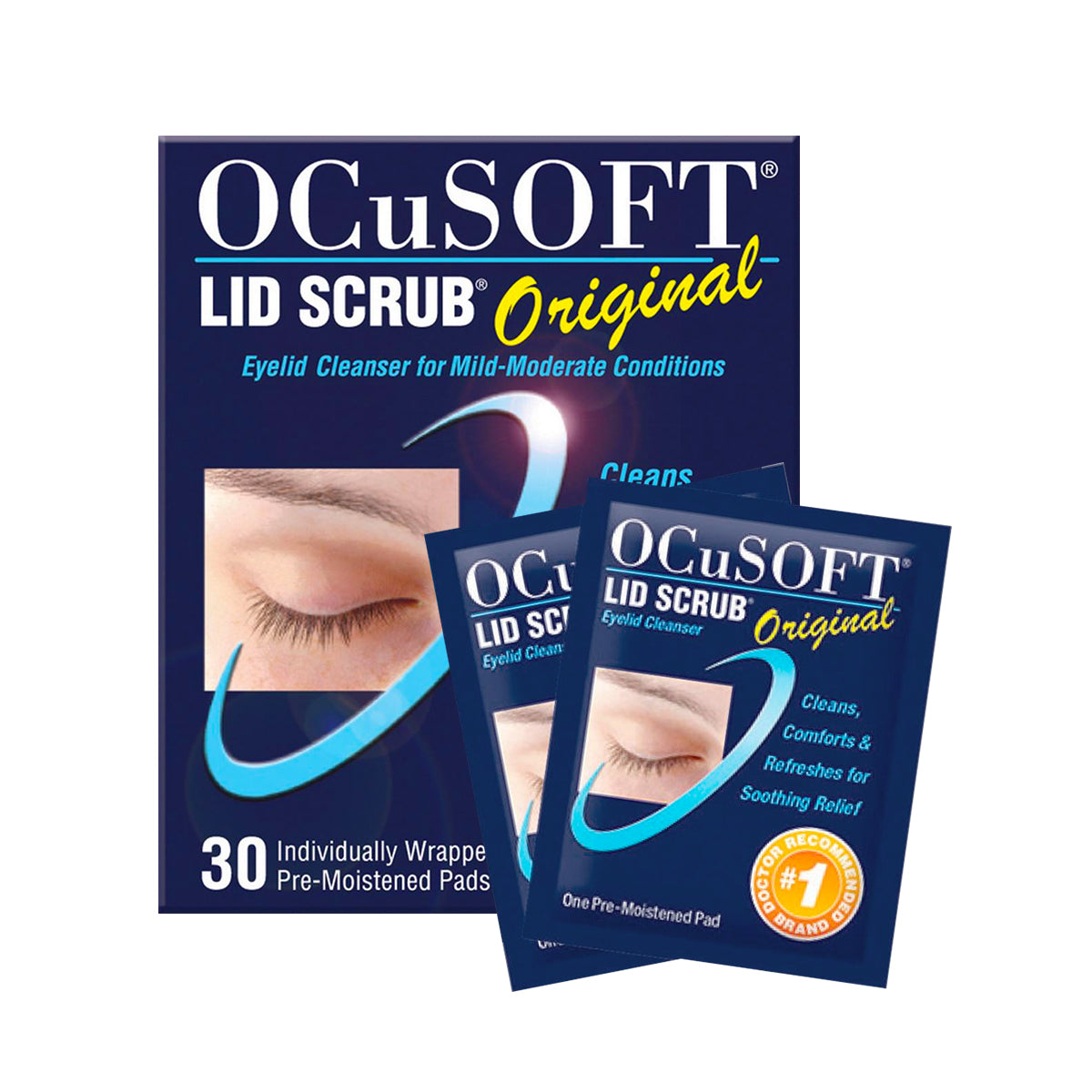 Image of Ocusoft Lid Scrub Original Wipes 30ct packaging and two individual pad packets created with input from eye care professionals. These OCuSOFT eyelid cleanser wipes promote hygiene, offering cleaning, comfort, and refreshment for mild to moderate conditions with 30 pre-moistened pads.