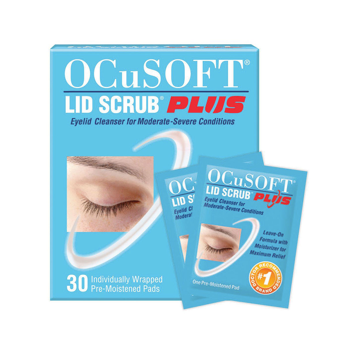 Image of Ocusoft Lid Scrub Plus packaging. The box features a closed eye image with Eyelid Cleanser for Moderate-Severe Conditions, emphasizing its ocular health benefits. Two individual pre-moistened pads are displayed alongside the OCuSOFT box containing 30 pads.