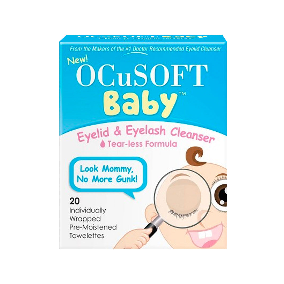 The OCuSOFT Baby Eyelid & Eyelash Cleanser includes 20 wipes, perfect for gentle baby skin care. The package shows a cartoon baby using the tear-less formula with a speech bubble saying, Look Mommy, No More Gunk!.