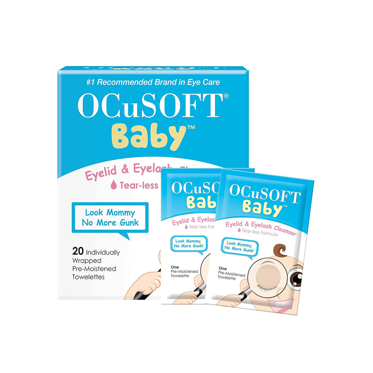 OCuSOFTs Baby Eyelid & Eyelash Cleanser box displayed with 20 individually wrapped pre-moistened wipes and two sample packets in front, featuring the phrases Look Mommy No More Gunk and Tear-less Formula, designed for gentle baby skin care.