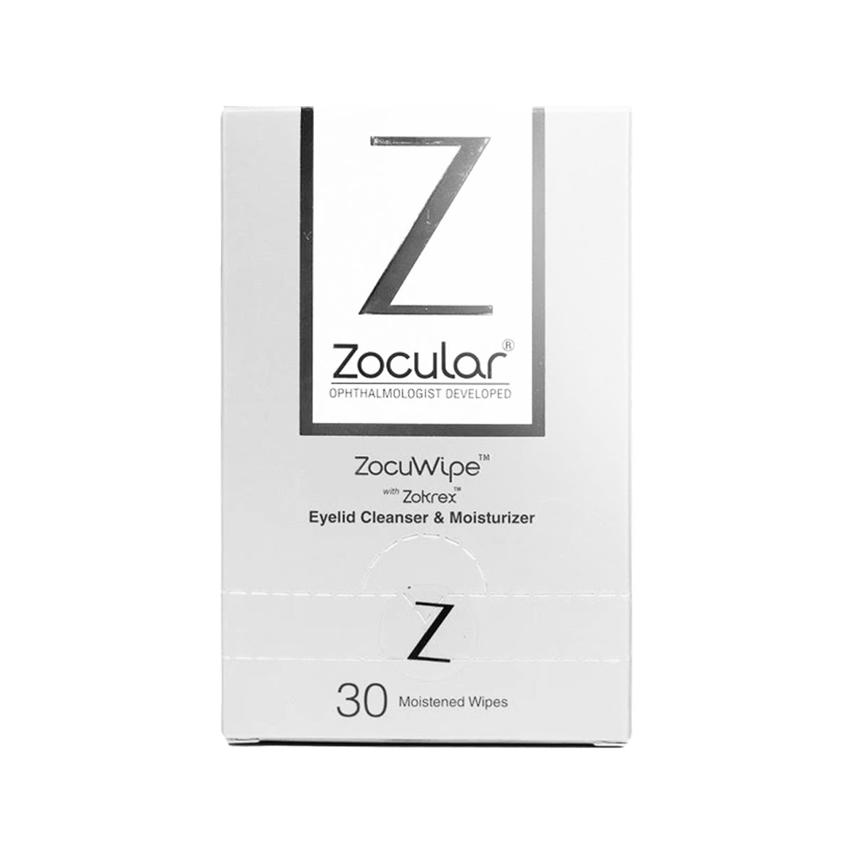 The white packaging displays a large Z with Zocular Ophthalmologist Developed beneath it. ZocuWipe Eyelid Wipes offer gentle, okra-infused cleansing for dry eye relief and blepharitis, containing 30 moistened wipes.