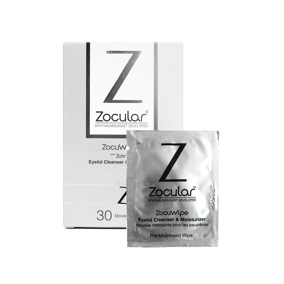 A box of Zoculars ZocuWipe Eyelid Wipes, featuring okra-infused cleansing for dry eye relief and blepharitis, sits beside a single wipe packet. The silver and white packaging showcases a prominent Z and Ophthalmologist Developed, containing 30 pre-moistened wipes.