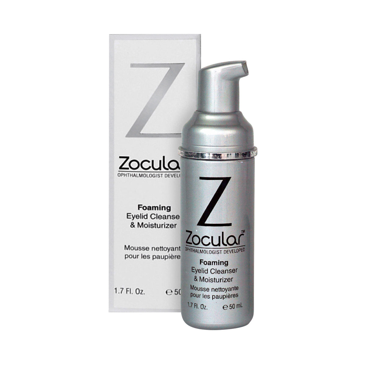 A silver bottle of Zoculars ZocuFoam Eyelid Cleanser Foam and Moisturizer (3 Month Supply), enriched with an okra-based complex, features a pump dispenser and stands before its packaging. The 1.7 fl. oz. (50 ml) bottle and box display the products name and details, ideal for dry eyes.