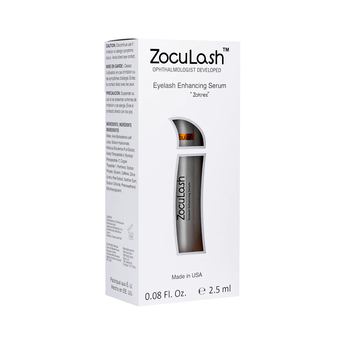 A small box of Zocular ZocuLash Eyelash Enhancing Serum (2.5mL) designed for lash health is displayed in white packaging with the brand name and product description. Side details show ingredients and manufacturer information, ensuring it suits sensitive eyes.