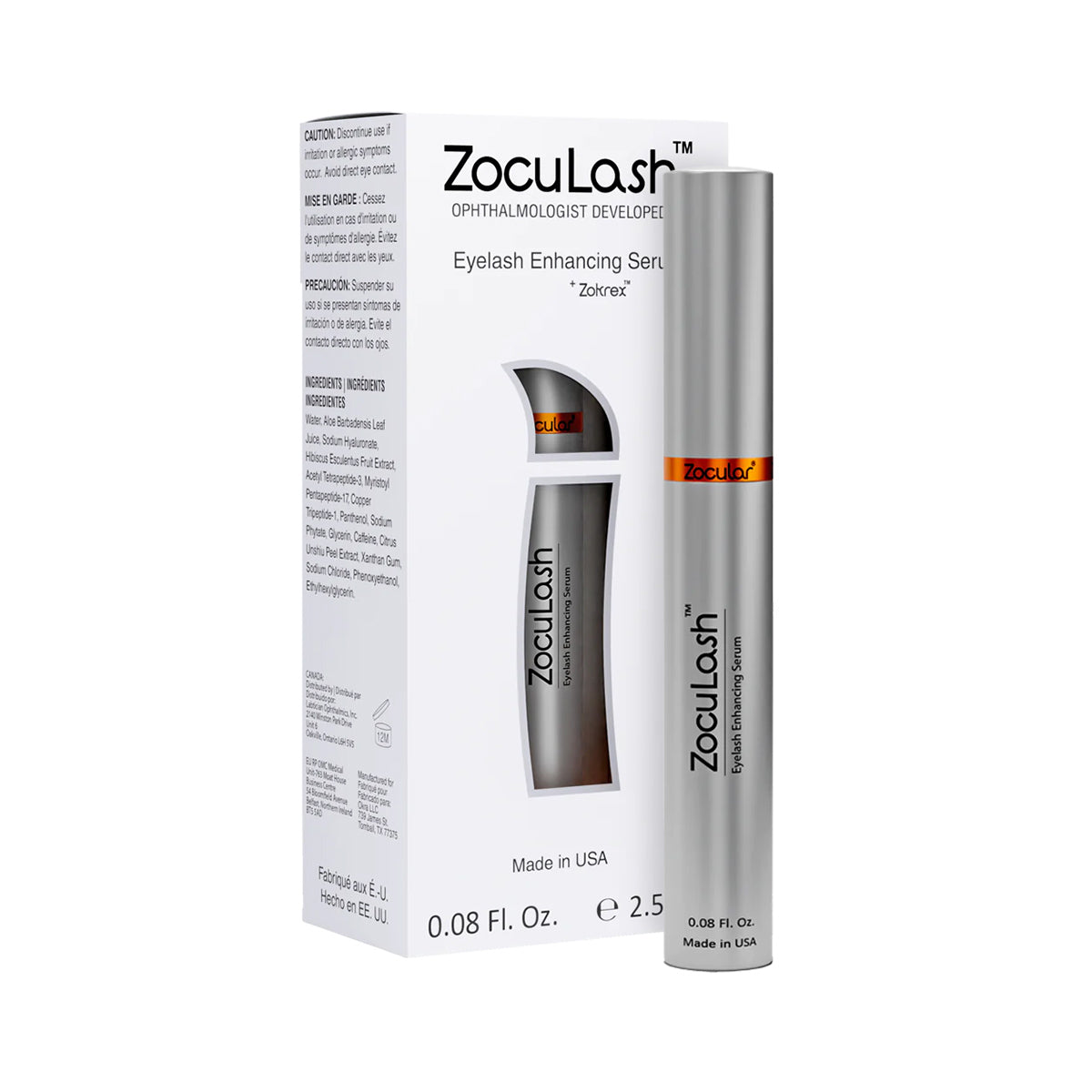 Image of Zoculars ZocuLash Eyelash Enhancing Serum, ideal for sensitive eyes, in a sleek metallic tube. The white box highlights Zokrex, 0.08 Fl. Oz. (2.5mL), and emphasizes lash health and USA craftsmanship.