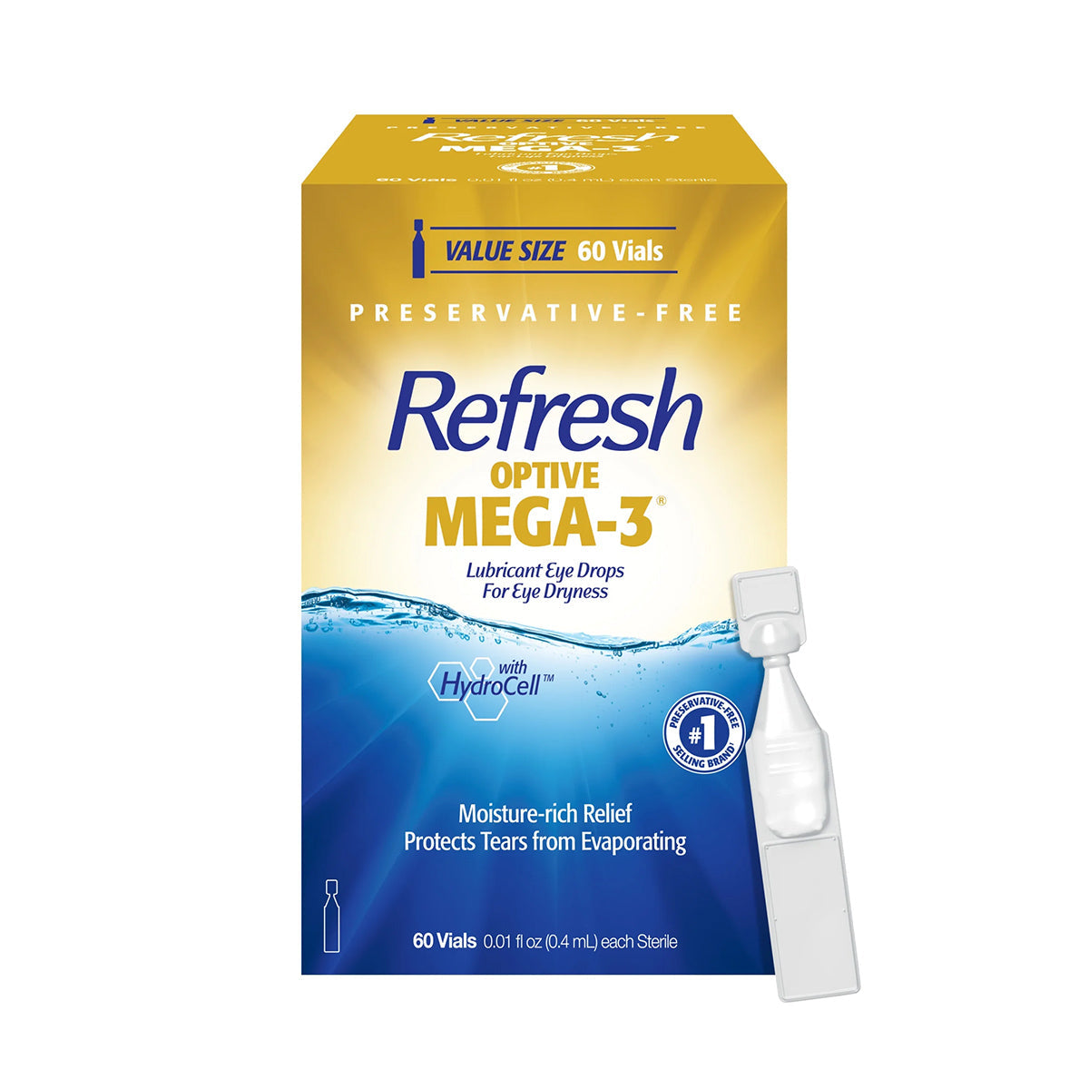 The packaging for Refresh Optive Mega-3® Preservative-Free Lubricant Eye Drops by Abbvie contains 60 vials in a gold and blue box, emphasizing HydroCell technology to provide moisture-rich protection against tear evaporation and offer relief from dry eyes.