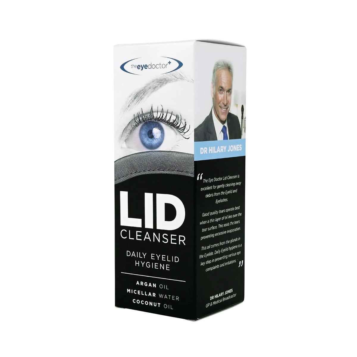 Box of The Eye Doctor Lid Cleanser – Make Up Remover 100ml with argan oil, micellar water, and coconut oil. Designed for sensitive eyes, it includes an eye image and Dr. Hilary Joness photo with a product quote.