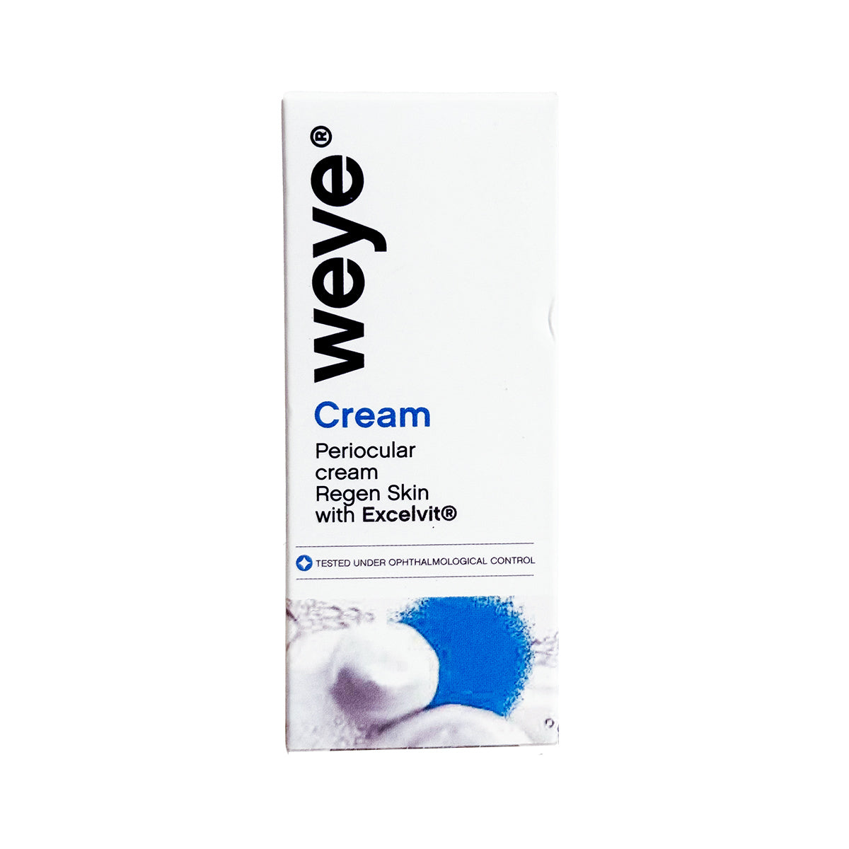 Weye Regenerating Eye Cream comes in a white box with blue accents, displaying Regen Skin with Excelvit®. This hydrating and restorative eye cream is formulated with Excelvit®, Vitamin E, Vitamin C, and Olive Oil to address dry eyes, blepharitis, and ocular rosacea.