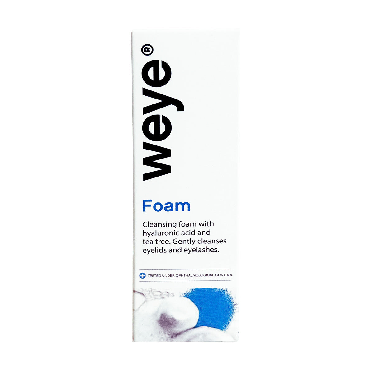 Discover the white bottle of Weye Foam, a gentle 60mL cleanser for dry eyes, blepharitis, and rosacea. Enriched with hyaluronic acid, tea tree, chamomile, and calendula; it ensures impeccable eyelid hygiene by gently cleansing your eyelids and lashes while maintaining freshness and comfort.