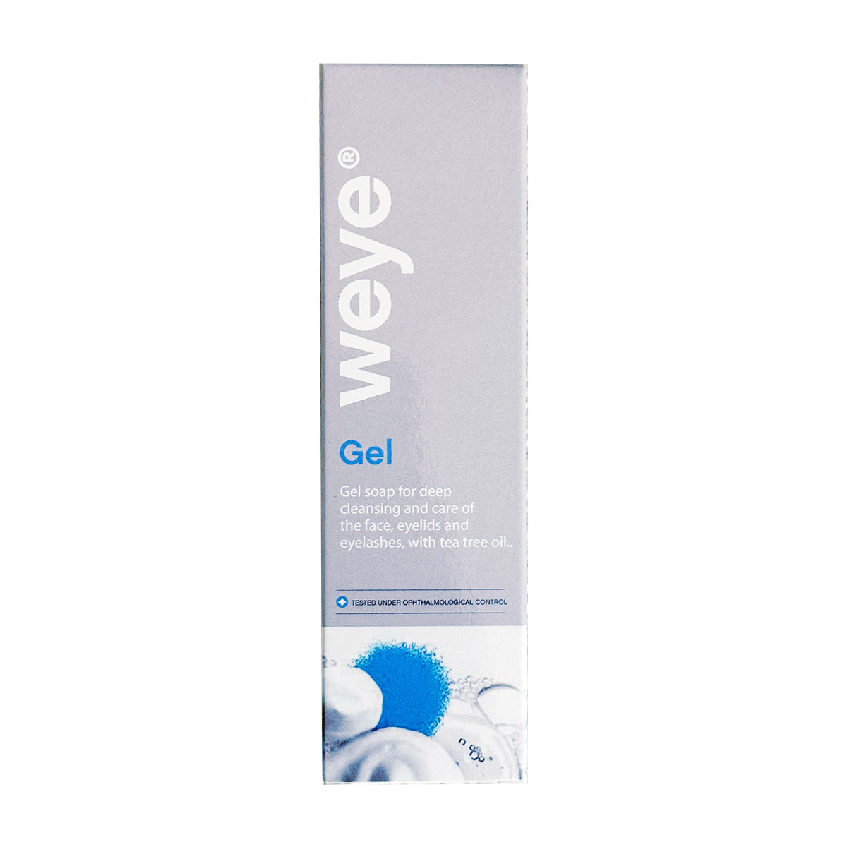 The Weye Gel – Eyelid & Lash Cleanser, a tall, rectangular box, is designed for deep cleansing with chamomile, tea tree oil, calendula, and rosehip extracts. The package features a predominant gray and white color scheme with text and a small blue design at the bottom.