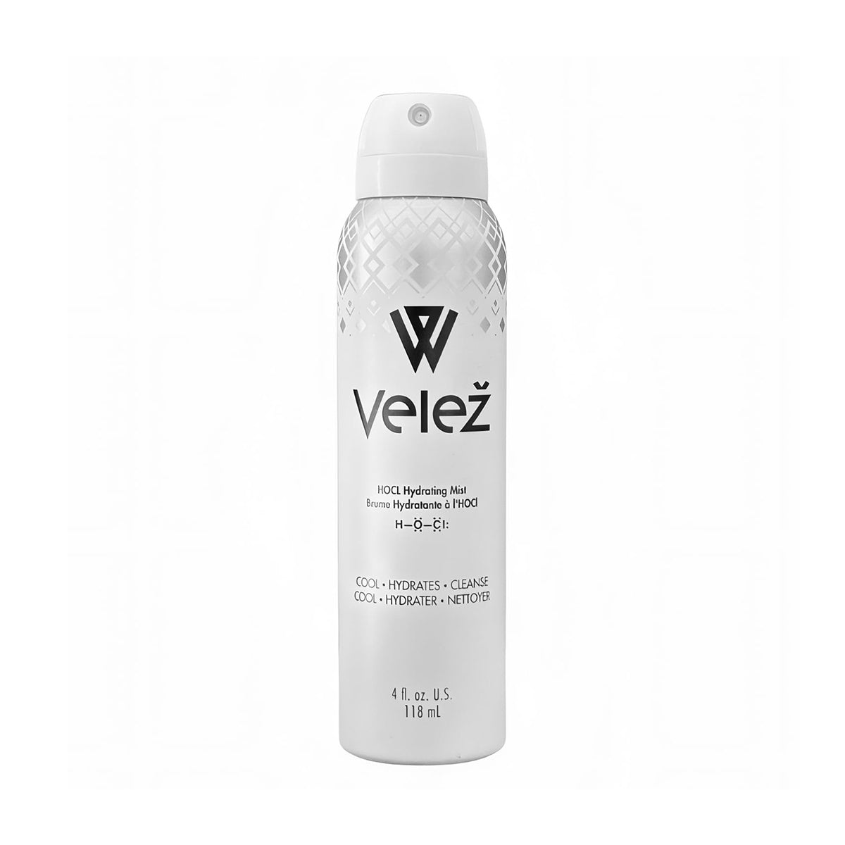 A sleek silver and white bottle labeled Velez Hypochlorous (HOCL) Hydrating Mist for Face and Eyelids rests against a pristine white background. The 4 oz spray features Bag-on-Valve Technology and highlights Cool, Hydrates, Cleanse in English and French for a soothing experience.