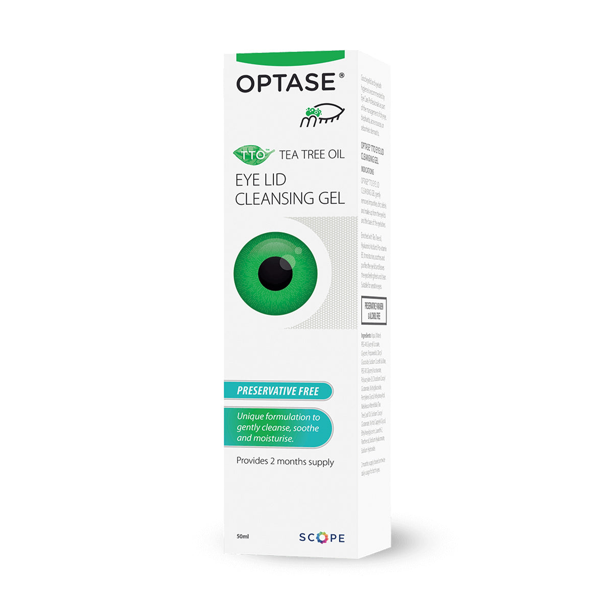 Optase Tea Tree Oil Eye Lid Cleansing Gel (50mL) by Optase is packaged in a white box with a green design and eye illustration, highlighting its preservative-free formula for excellent eyelid hygiene through gentle cleansing.