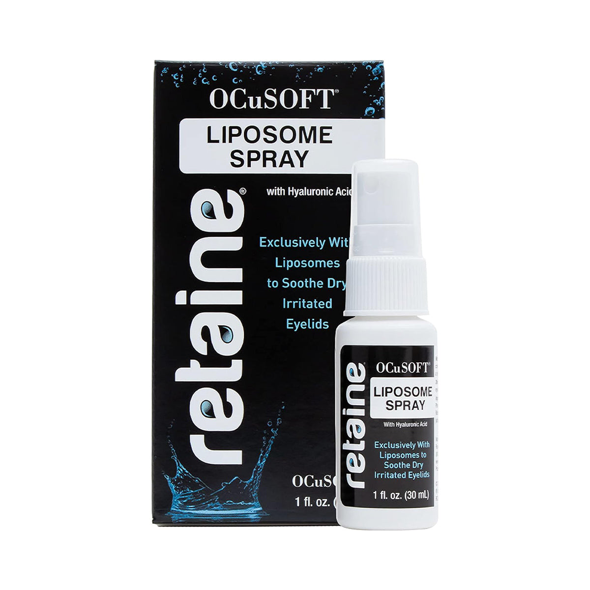 Image of an OCuSOFT Retaine Liposome Spray bottle and packaging. The white spray bottle and black box aim to soothe dry, irritated eyelids with Hyaluronic Acid, supporting eye health.