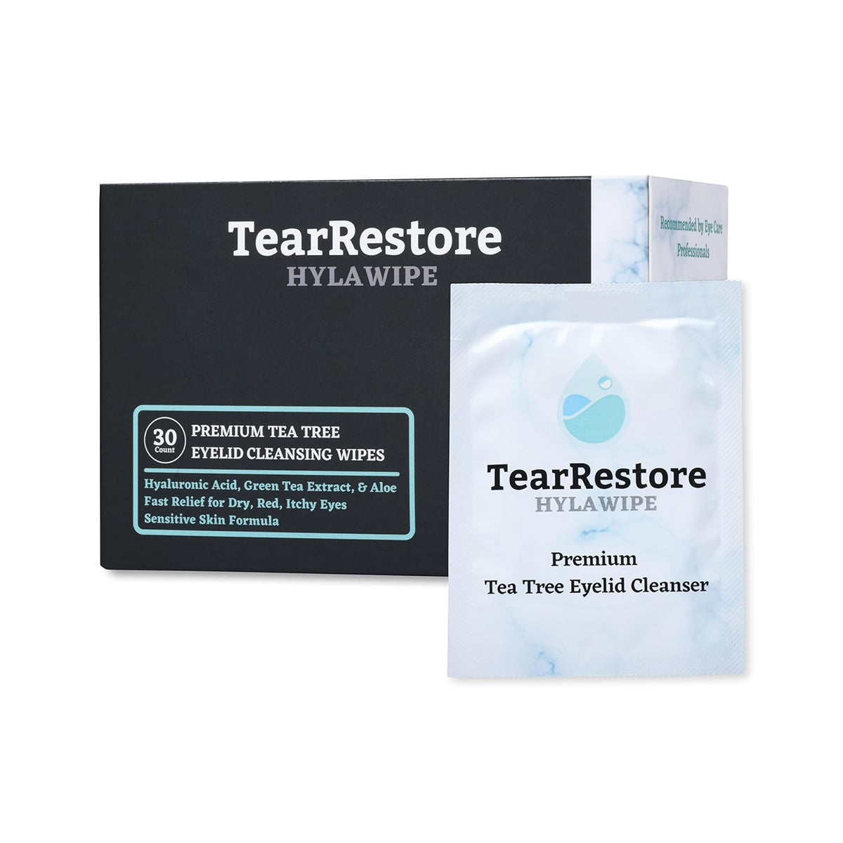 The image shows a box of TearRestore HylaWipe Tea Tree Lid Hygiene Wipes (30ct), featuring its hydrating formula. One packet is displayed at the front, highlighting ingredients such as hyaluronic acid and tea tree extract.