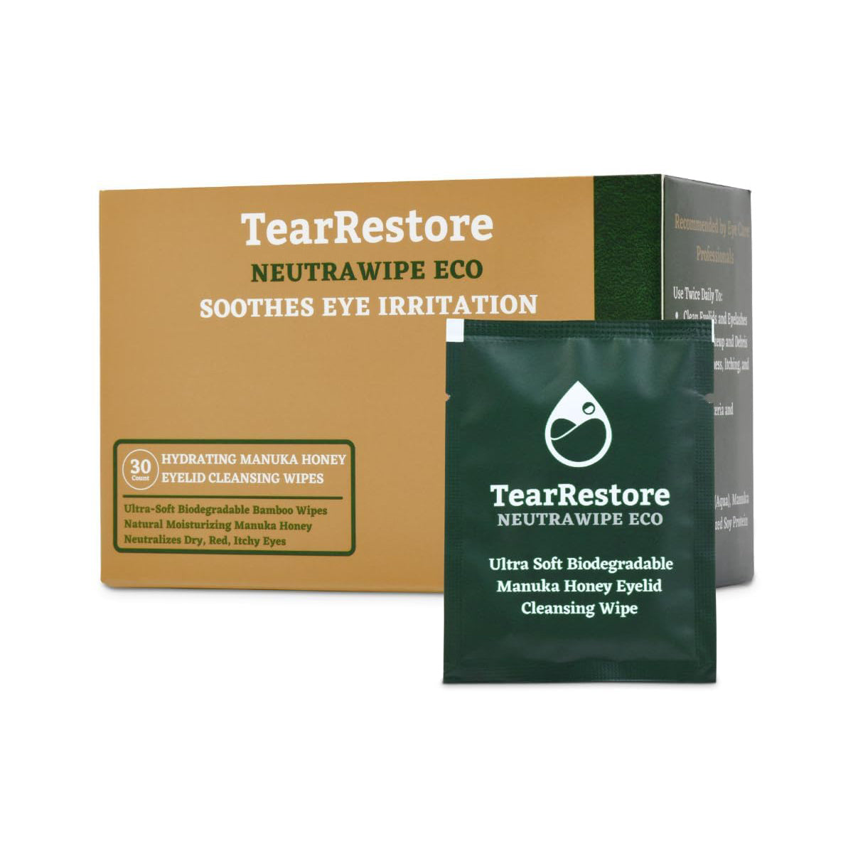 The TearRestore NeutraWipe Eco features a brown box with text on the hydrating manuka honey properties of its wipes. The green packet emphasizes gentle care for sensitive eyes. With 30 ultra-soft biodegradable eyelid cleansers, its crafted to effectively soothe eye irritation.