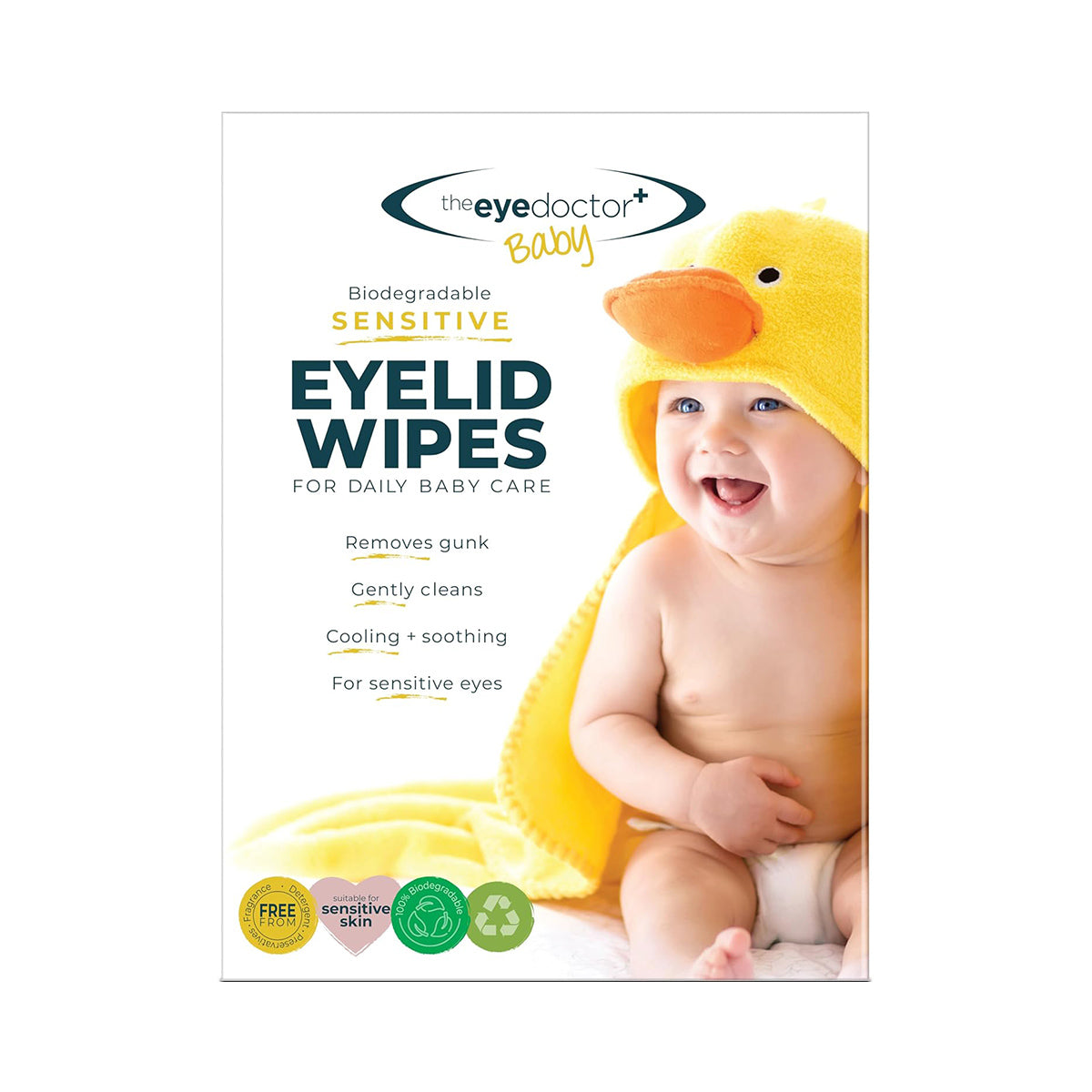 The Eye Doctor Sensitive Baby Eye Wipes packaging features a smiling baby in a yellow duck hood towel, emphasizing their preservative-free formula, gentle cleansing, soothing properties, and suitability for sensitive eyes and skin.