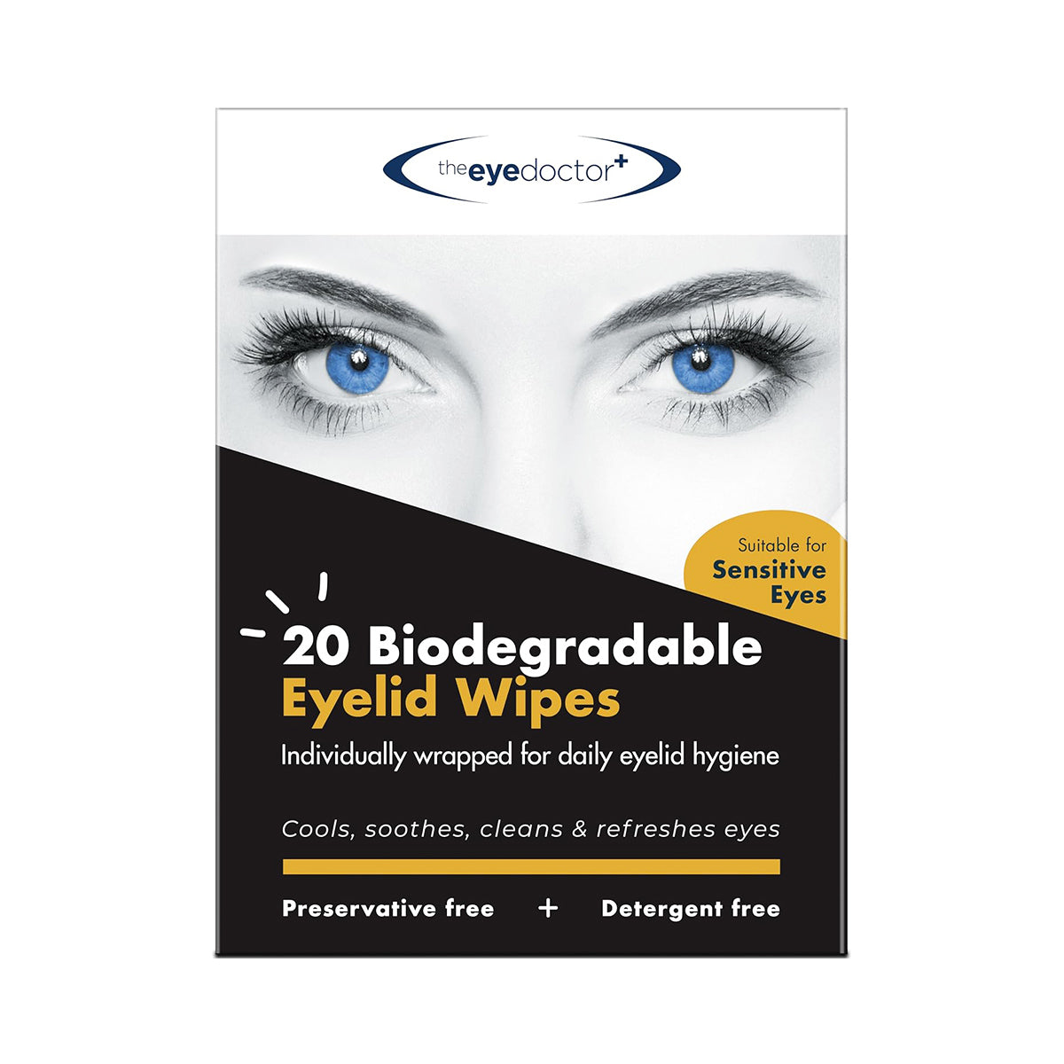 The Eye Doctor’s Biodegradable Eyelid Wipes for Eyelid Cleaning 20ct emphasize blue eyes, ideal for sensitive eyes. They cool, soothe, clean, and refresh using a preservative-free saline solution. Each pack has 20 individually wrapped wipes to promote eyelid hygiene.