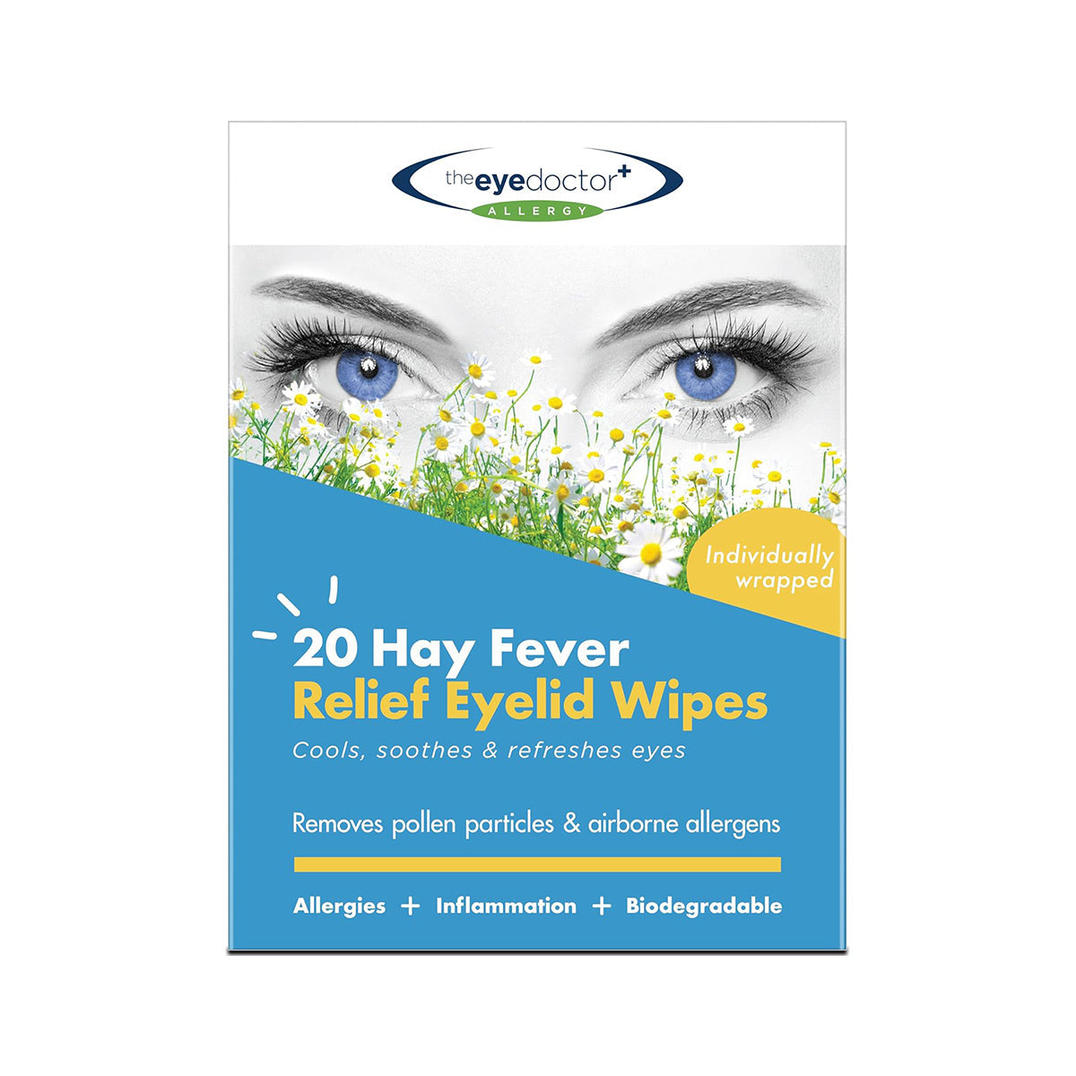 The Eye Doctor Allergy/Hay Fever Relief Eyelid Wipes (20ct) packaging showcases a woman’s eyes above chamomile blooms. It emphasizes benefits: cooling, soothing, refreshing, allergen removal. Ideal for allergy-prone eyes with 20 biodegradable eyelid wipes in individually wrapped packs.