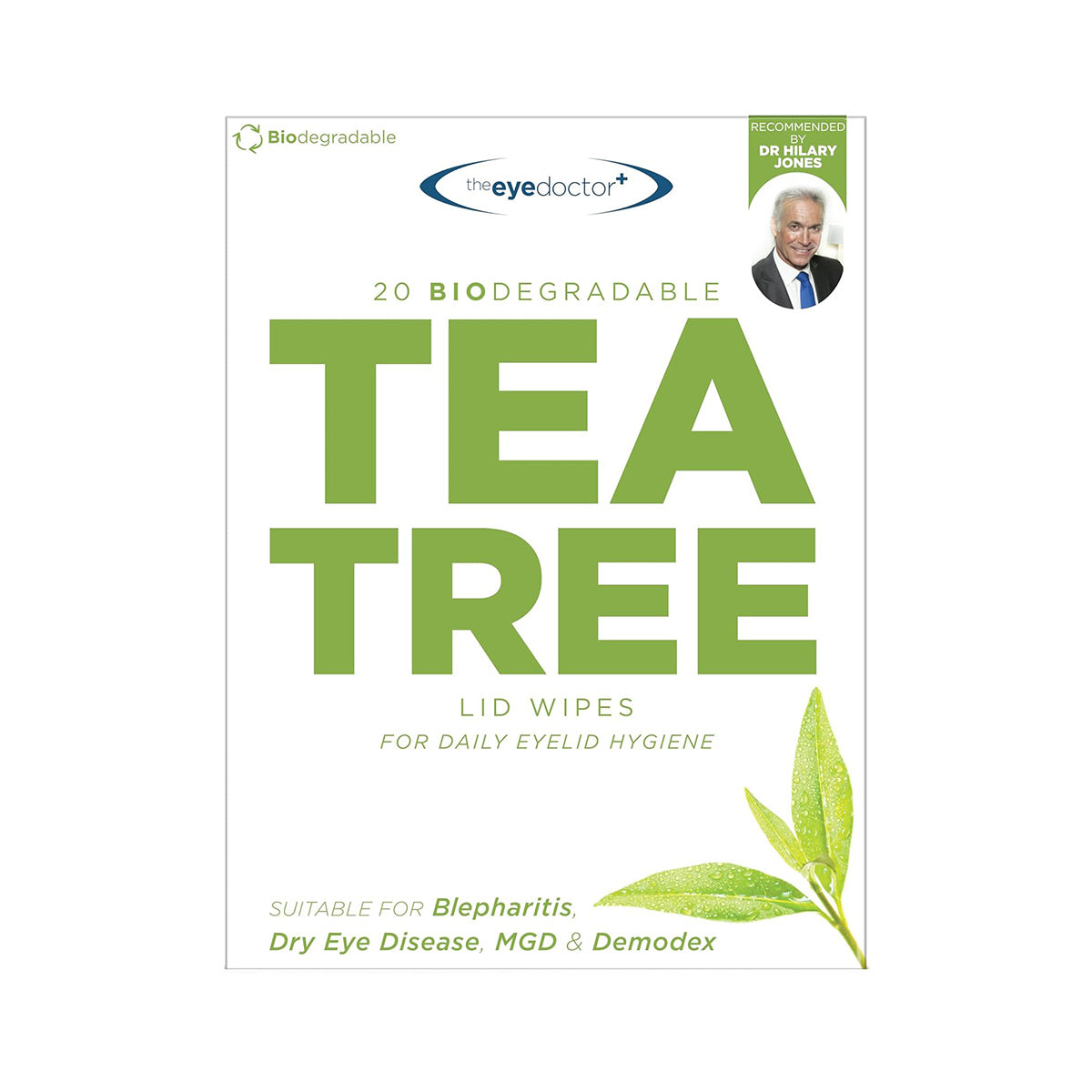 Packaging for The Eye Doctor Tea Tree Oil Lid Wipes for Daily Hygiene and Dry Eyes (20ct) showcases branding, product name, and suitability for managing blepharitis and MGD. A small circle photo in the top right recommends it for combating dry eye disease.