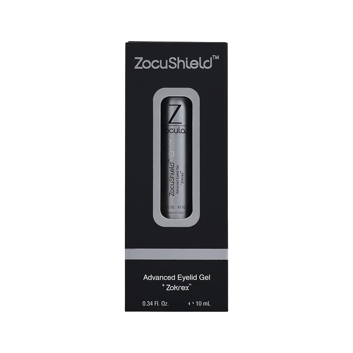 The ZocuShield Gel Eyelid Cleanser from Zocular is presented in black packaging with a silver cylindrical container seen through a cutout. It offers dry eye relief, highlights an okra-based complex, and provides over 100 applications.