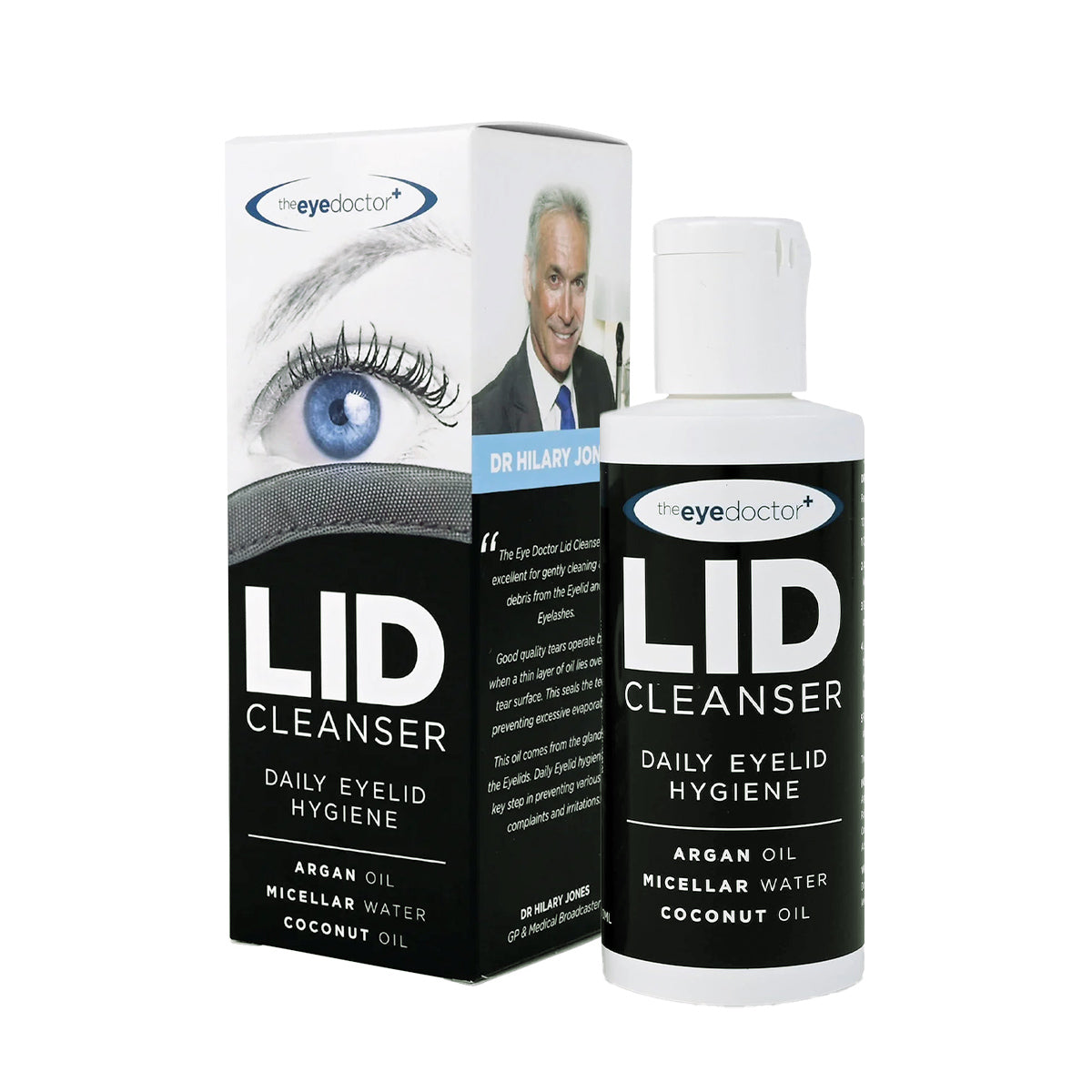 The Eye Doctor Lid Cleanser – Make Up Remover 100ml, ideal for sensitive eyes, is shown by its box featuring an eye graphic and benefits of micellar water, argan oil, and coconut oil for daily eyelid hygiene. A photo of a smiling man decorates the package.