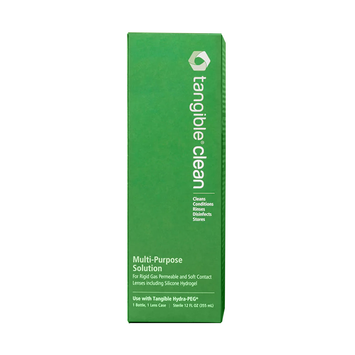 A green rectangular box labeled Tangible Clean - RGP, Scleral, and Soft Contact Lens Multi-Purpose Solution for contact lenses, featuring text: Cleans, Conditions, Rinses, Disinfects, Stores and Hydra-PEG Compatible. Includes one 12 fl oz bottle. Brand: Tangible.