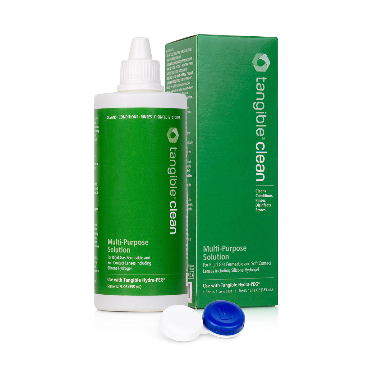 A bottle of Tangible Clean - RGP, Scleral, and Soft Contact Lens Multi-Purpose Solution sits by its matching green box, accompanied by a contact lens case that has one blue lid and one white lid.