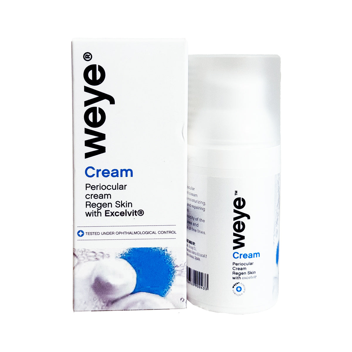 The image shows a Weye Regenerating Eye Cream and its box, both white with black and blue text. It features Hydrating & Restorative Periocular Care with Excelvit® for dry eyes. A circular blue design includes the words Periocular cream Regen Skin.