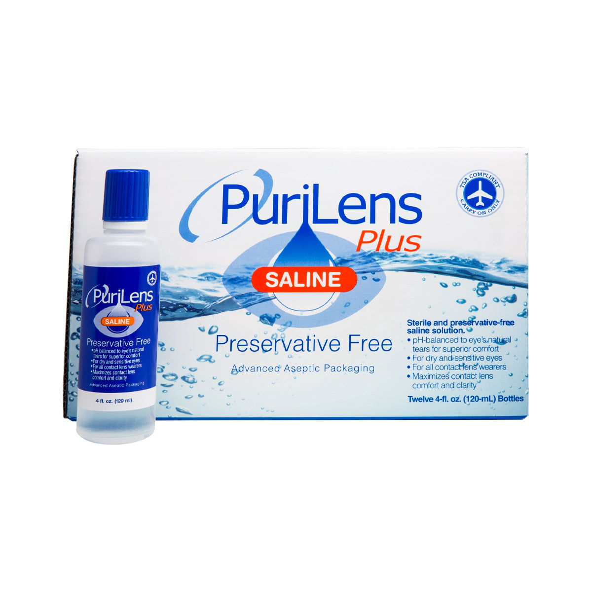 The PuriLens Plus Preservative Free Saline by Purilens, perfect for sensitive eyes, is presented in predominantly white packaging with blue accents and water imagery. It is a preservative-free solution for clarity and comfort. The box includes twelve 4 fl. oz. bottles, ideal for contact lens use.