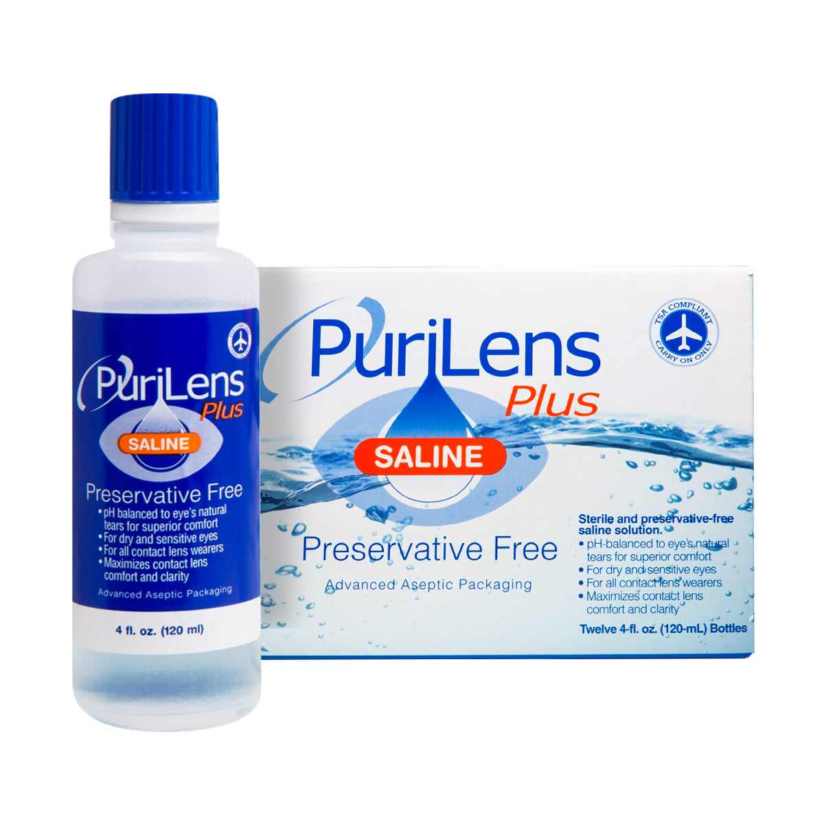 A PuriLens Plus Preservative Free Saline bottle sits beside its box. The blue-capped bottle, perfect for sensitive eyes, has a clear label. The white box with blue accents displays water droplets and the phrases Preservative Free and Advanced Aseptic Packaging.