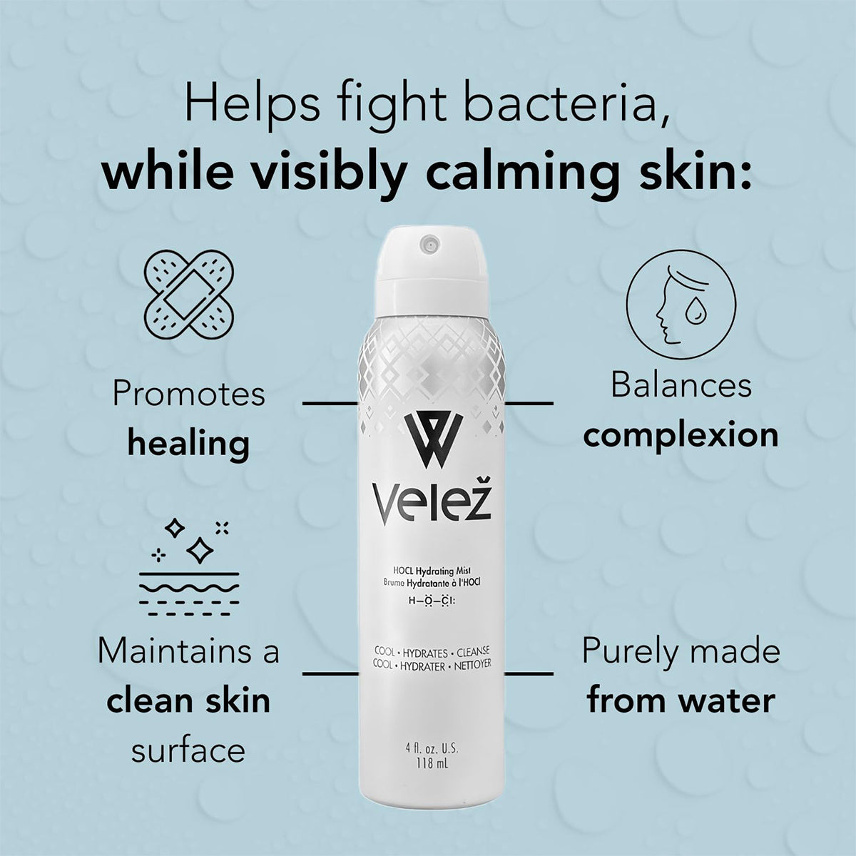 An ad for the Velez Hypochlorous (HOCL) Hydrating Mist for Face and Eyelids highlights its benefits: promotes healing, balances complexion, and maintains clean skin. Its crafted with pure water and enriched with hypochlorous acid for superior skincare.