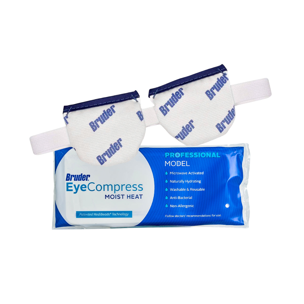 Two white eye compress pads with blue Bruder text and elastic straps sit next to a labeled package reading Bruder Mask Moist Heat Dry Eye Compress - Microwavable, effective for blepharitis therapy and Meibomian gland dysfunction relief.