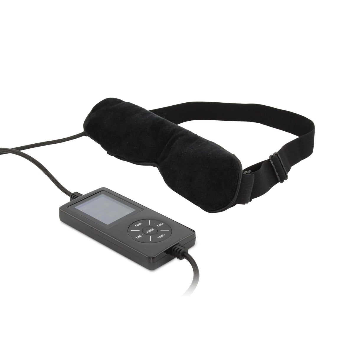 The Wizard Research USB Heated Eye Mask from Wizard Research uses graphene infrared technology for soothing heat therapy and features an adjustable strap with a wired handheld controller, a small screen, and several buttons.