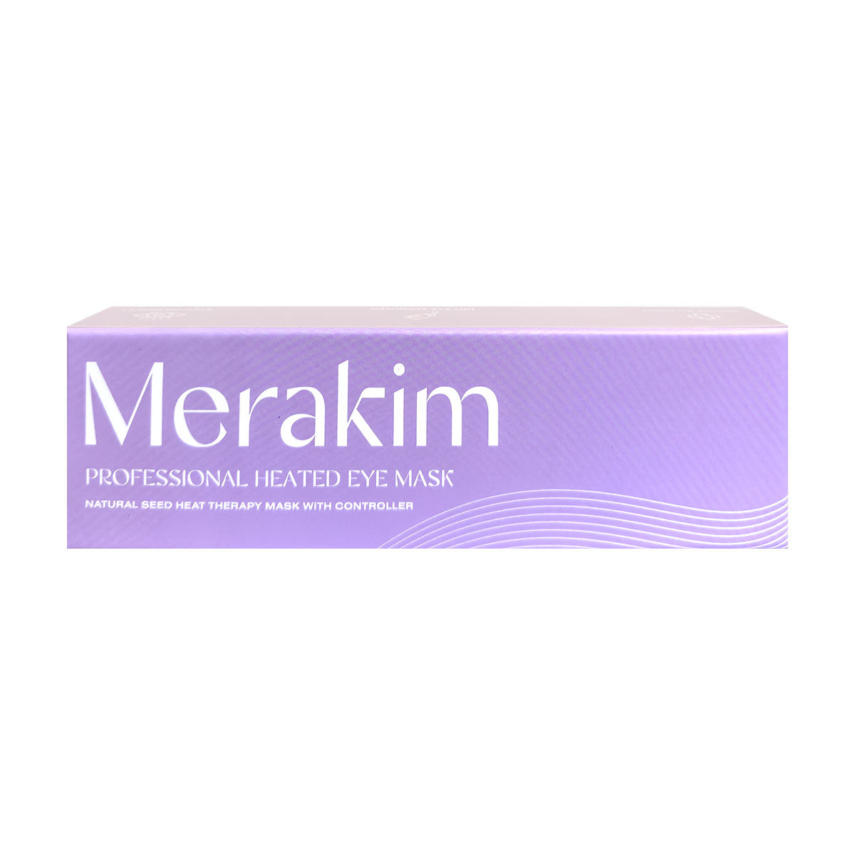 A purple box labeled Merakim Professional USB Heat Eye Mask with text Adjustable Warm Compress for Dry Eyes, Fatigue Relief, and Tear Film Support. Features white wavy lines highlighting its USB-powered convenience for comfort.