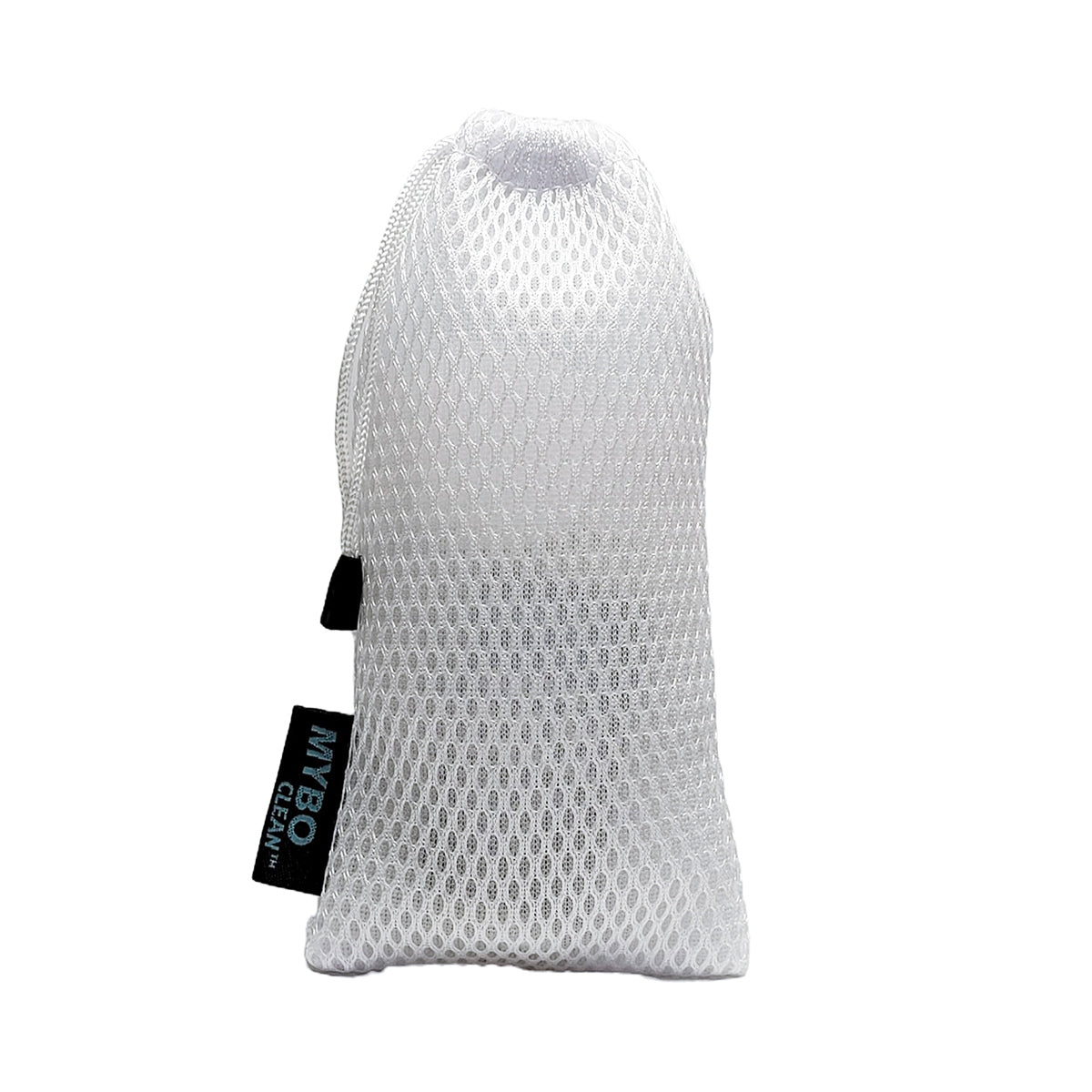 The MyboClean On the Go set features a white mesh drawstring travel bag with a black label, perfect for storing your eyelid cleansing brush and hydrating gel, compacting into a convenient pouch shape against a white background.