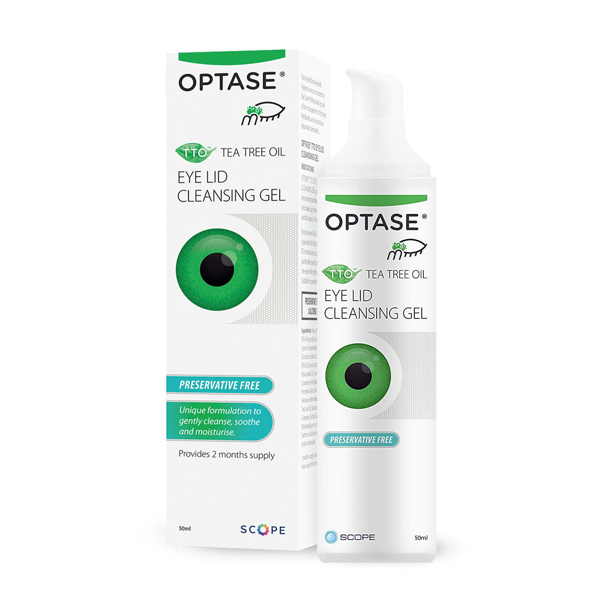 The image shows Optase Tea Tree Oil Eye Lid Cleansing Gel (50mL) bottle and box, focusing on eyelid hygiene with a preservative-free formula. It offers optimal care for up to two months, cleansing, soothing, and moisturizing effectively.