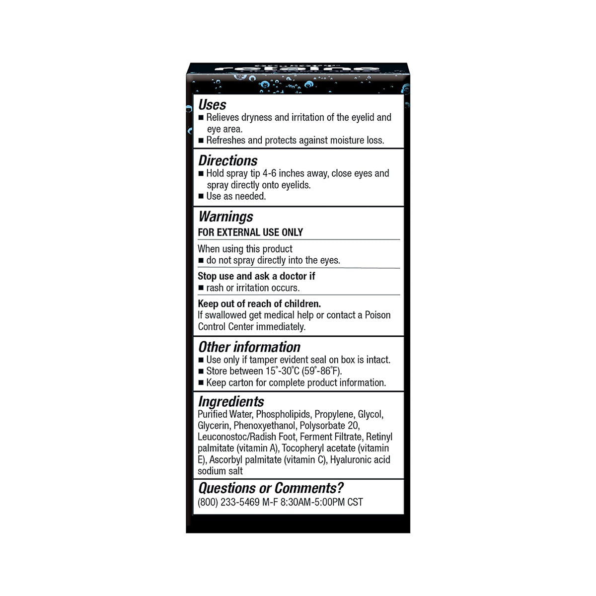 The Ocusoft Retaine Liposome Spray box provides usage instructions, warnings, additional information, and ingredients like Hyaluronic Acid. It offers OCuSOFT customer service contact details for eye health inquiries with a helpline number and operating hours.