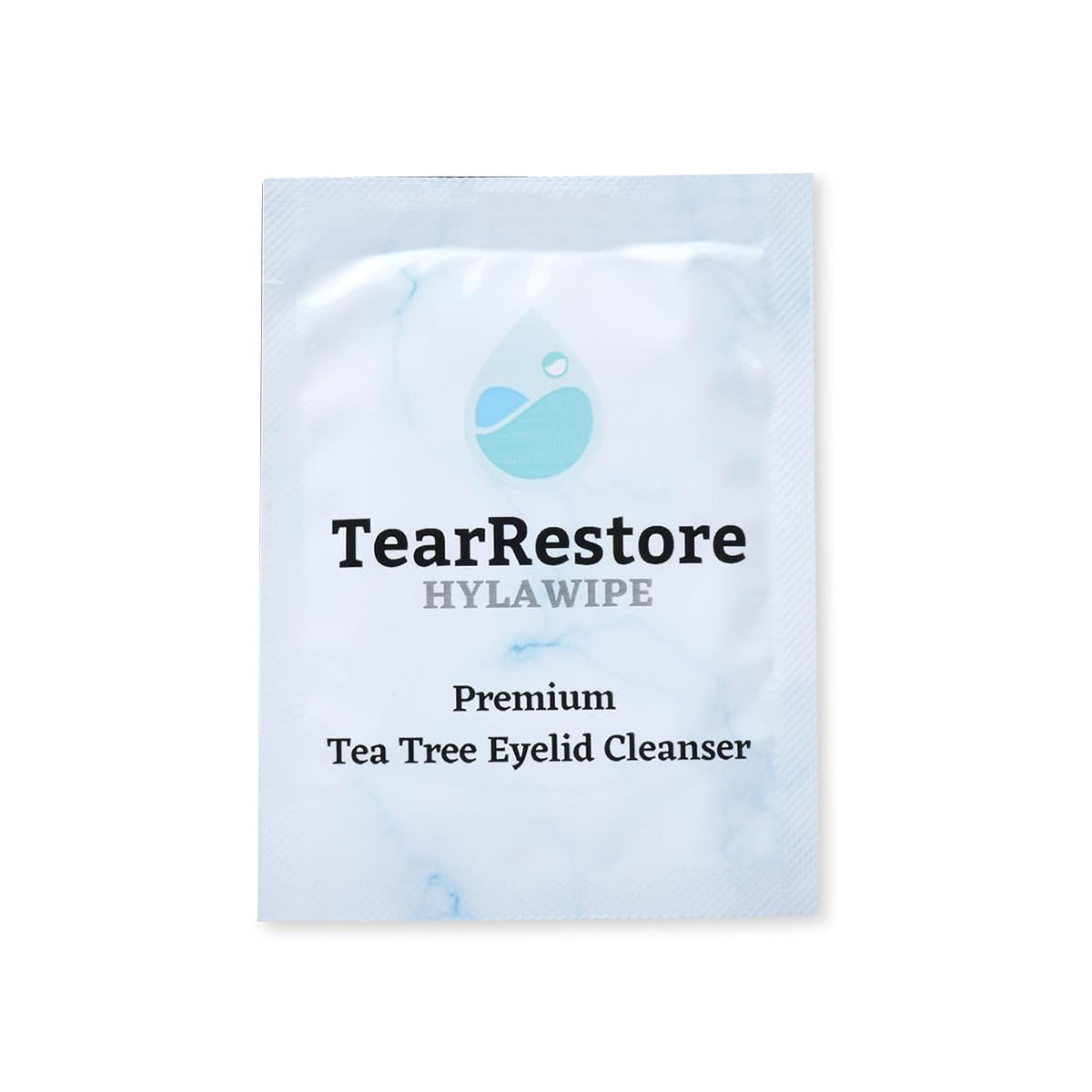 A single blue and white sachet of TearRestore HylaWipe Tea Tree Lid Hygiene Wipes, featuring a droplet logo and labeled as a Premium Tea Tree Eyelid Cleanser, highlights its hydrating formula on a marble-like background.